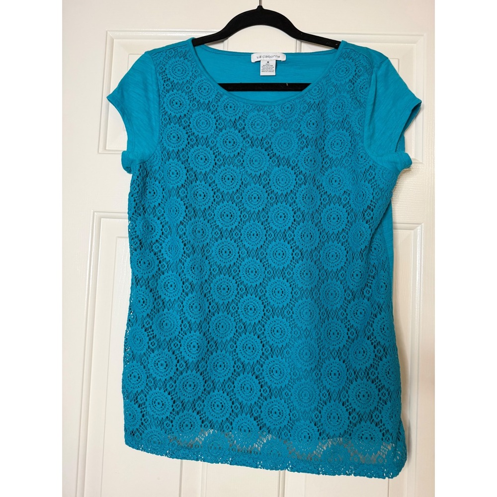 Liz Claiborne Turquoise Blue Crochet Lace Front Top Short Sleeve Slub Knit M